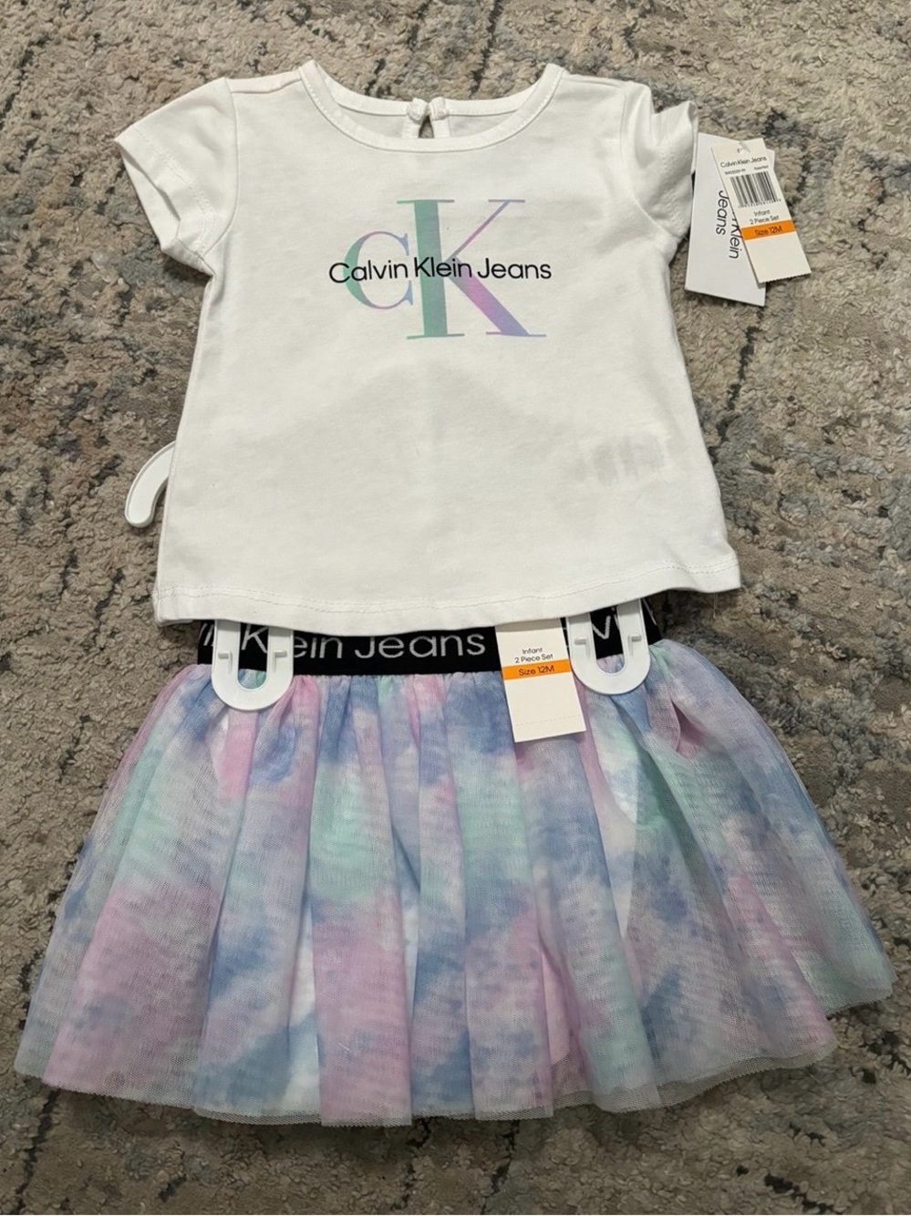 Calvin Klein Jeans White Tee with Pastel CK Logo & Multicolor Tulle Skirt